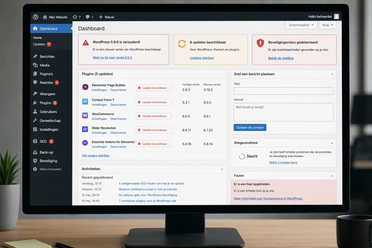 WordPress-dashboard met meerdere update- en beveiligingswaarschuwingen