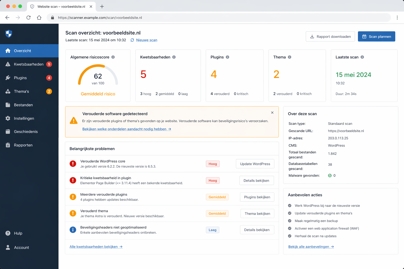 Voorbeeld van een externe security scan met verouderde WordPress-software en plugins