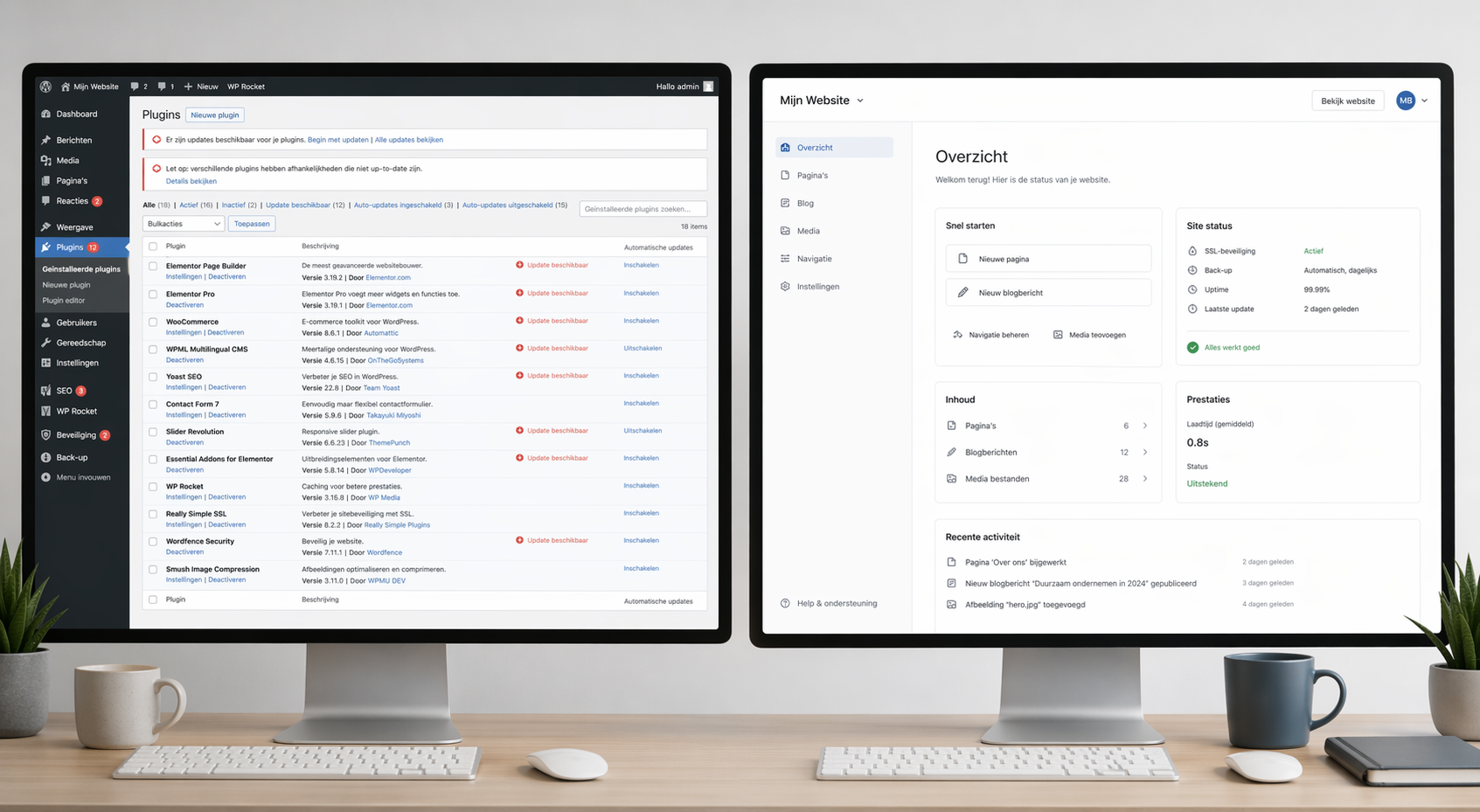 Vergelijking tussen een druk WordPress plugin-dashboard en een eenvoudigere moderne website-stack