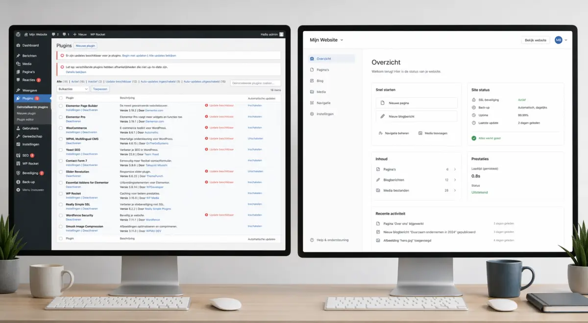 Vergelijking tussen een druk WordPress plugin-dashboard en een eenvoudigere moderne website-stack